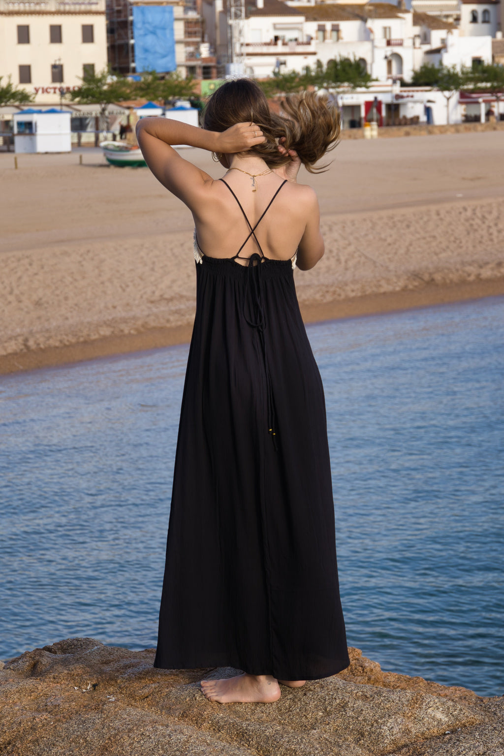 Vestido Largo Boho Aplique Dorado