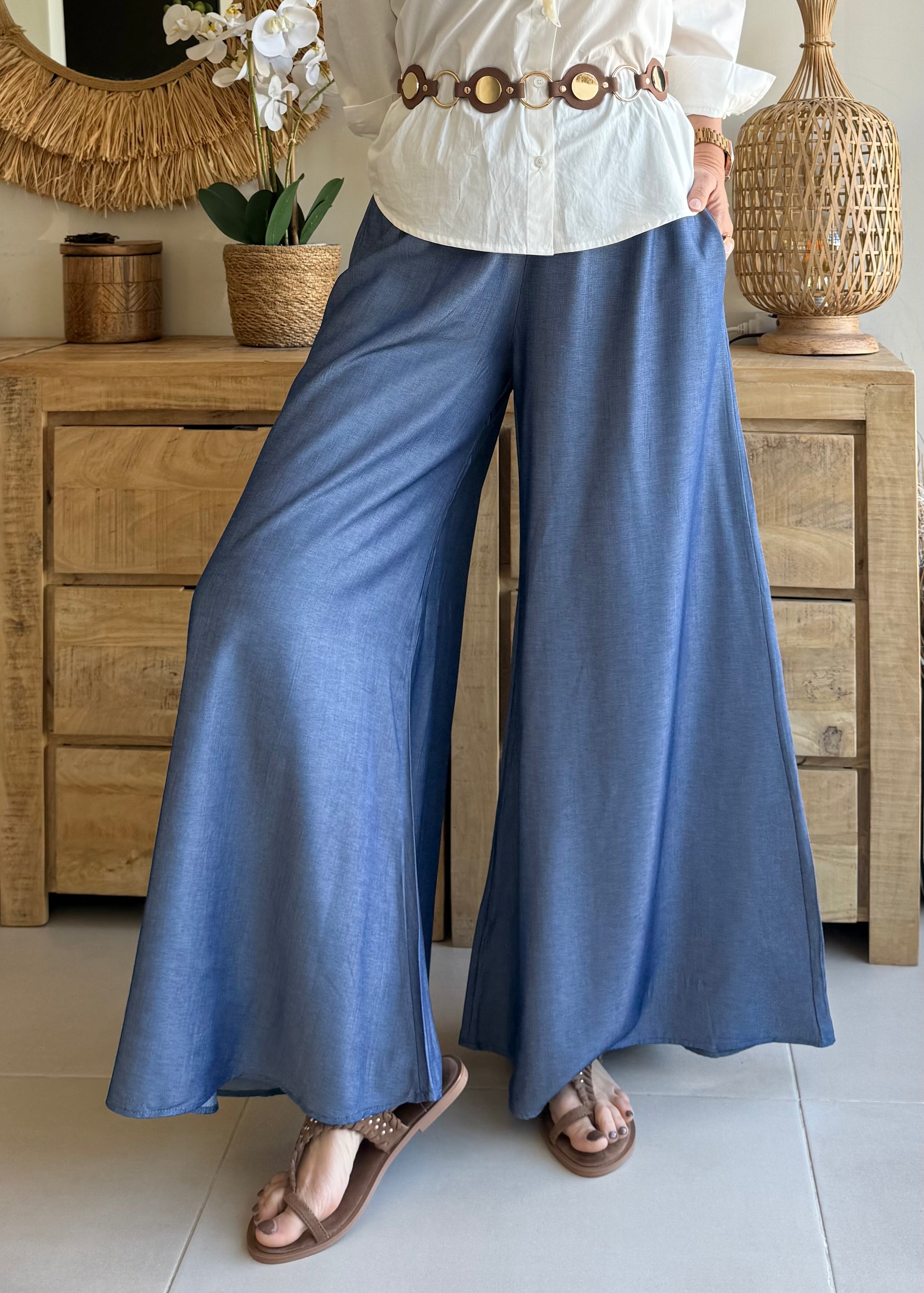 Pantalón Palazzo Azul Cintura Elástica Fruncida