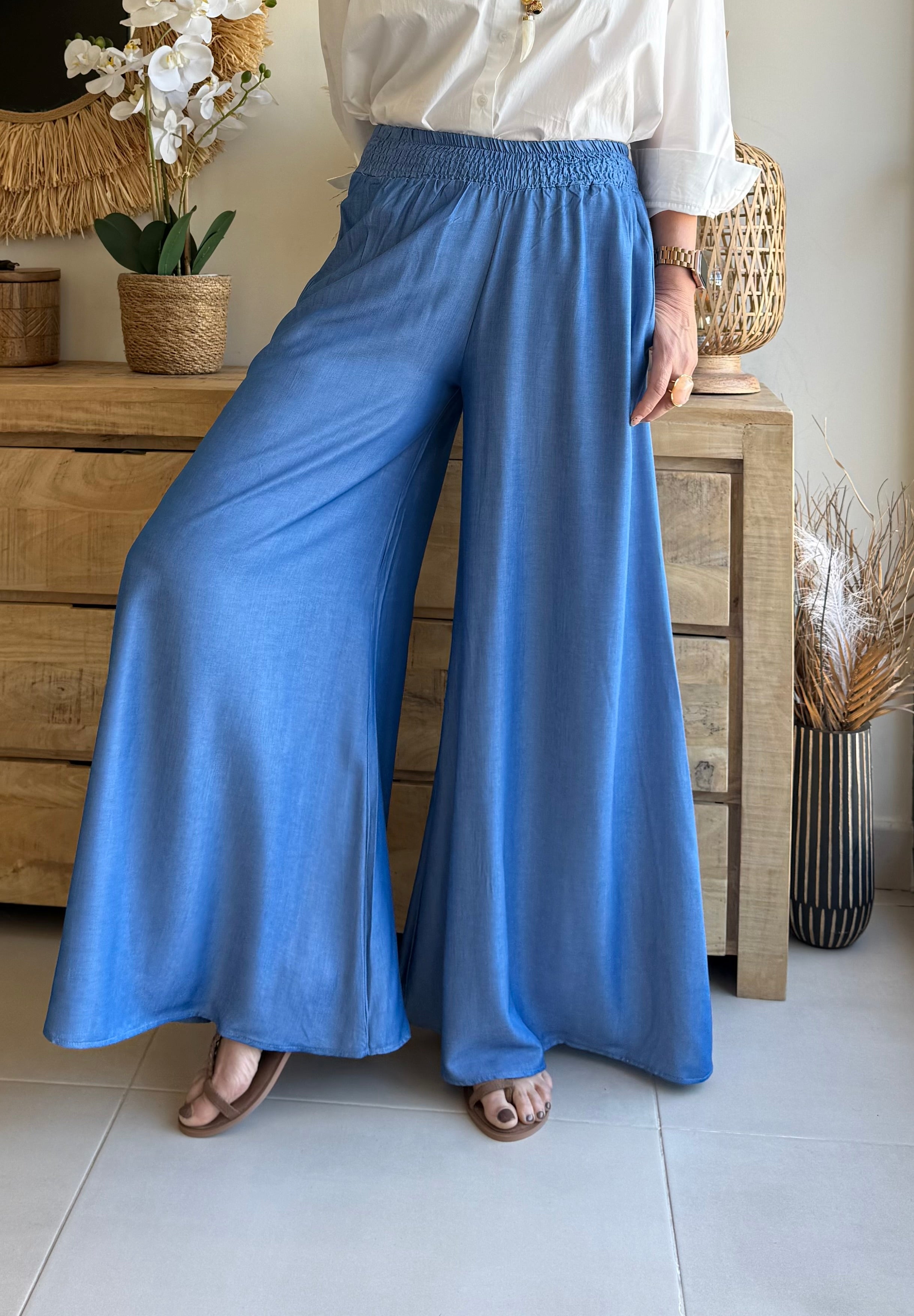 Pantalón Palazzo Azul Cintura Elástica Fruncida