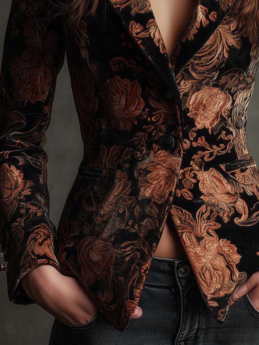 Bertille | Blazer Estilo Sastre Estampado Floral Negro y Bronce