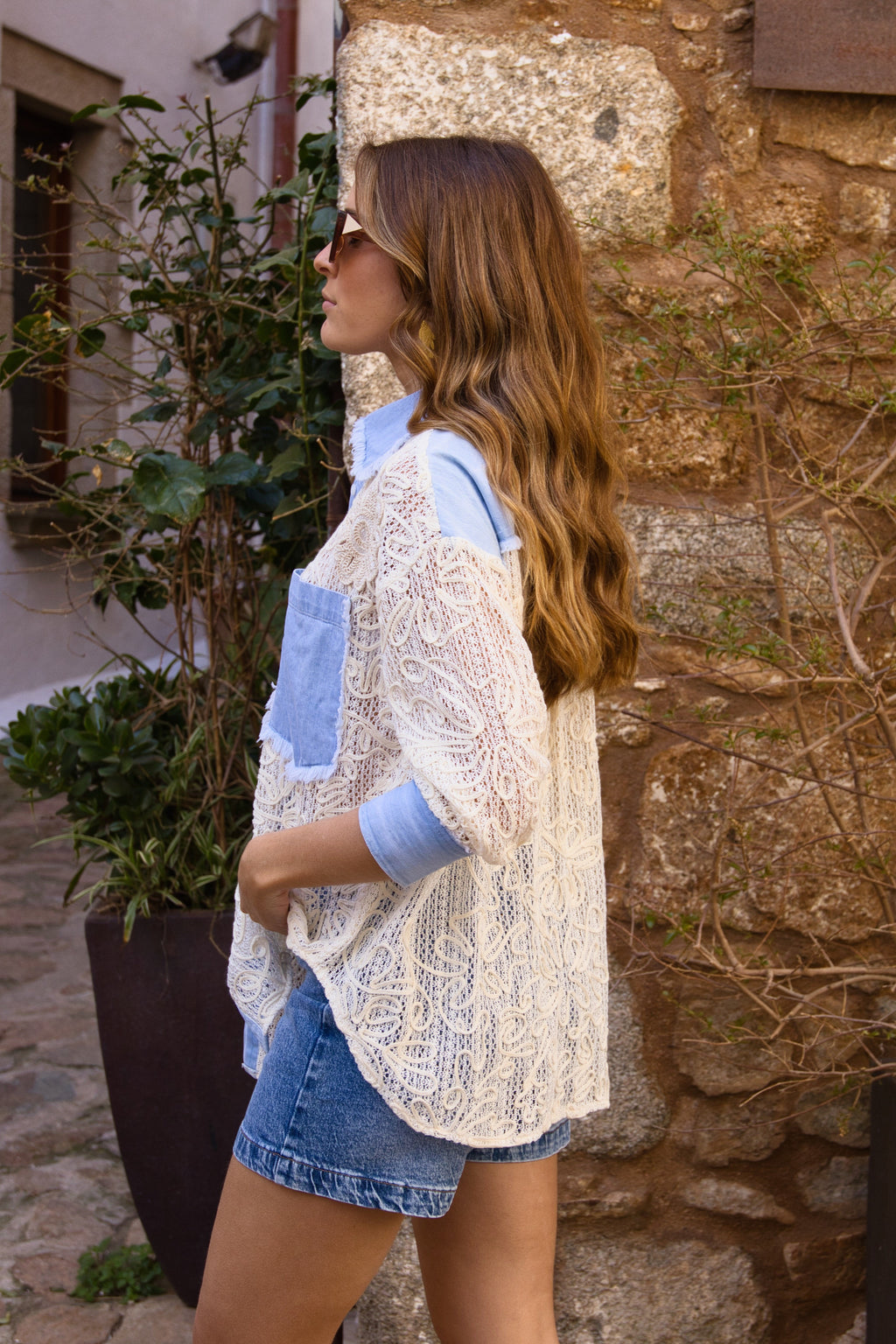 Camisa Bordada Denim Lace