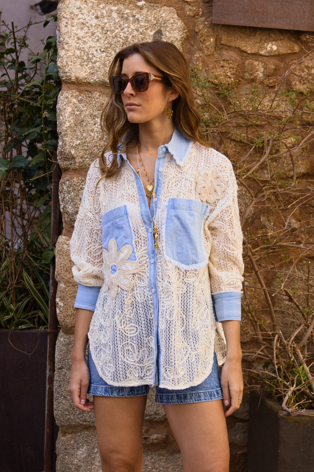 Camisa Bordada Denim Lace