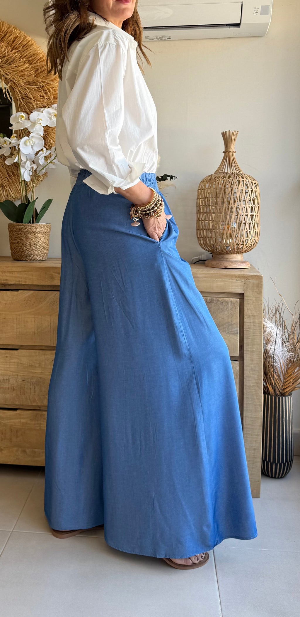 Blaues Palazzo-Hose mit geraffter elastischer Taille
