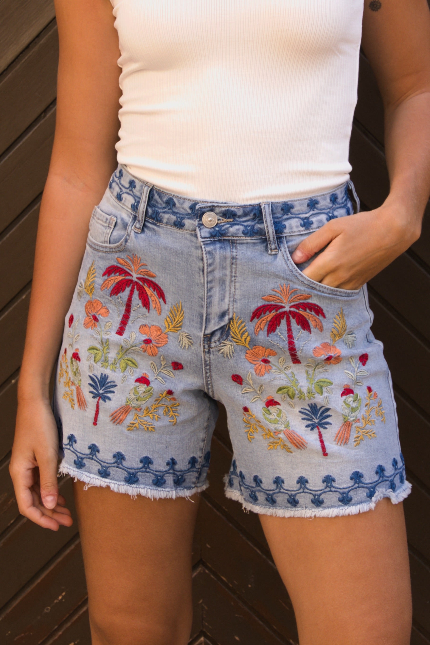 Short Denim Bordado Palmera