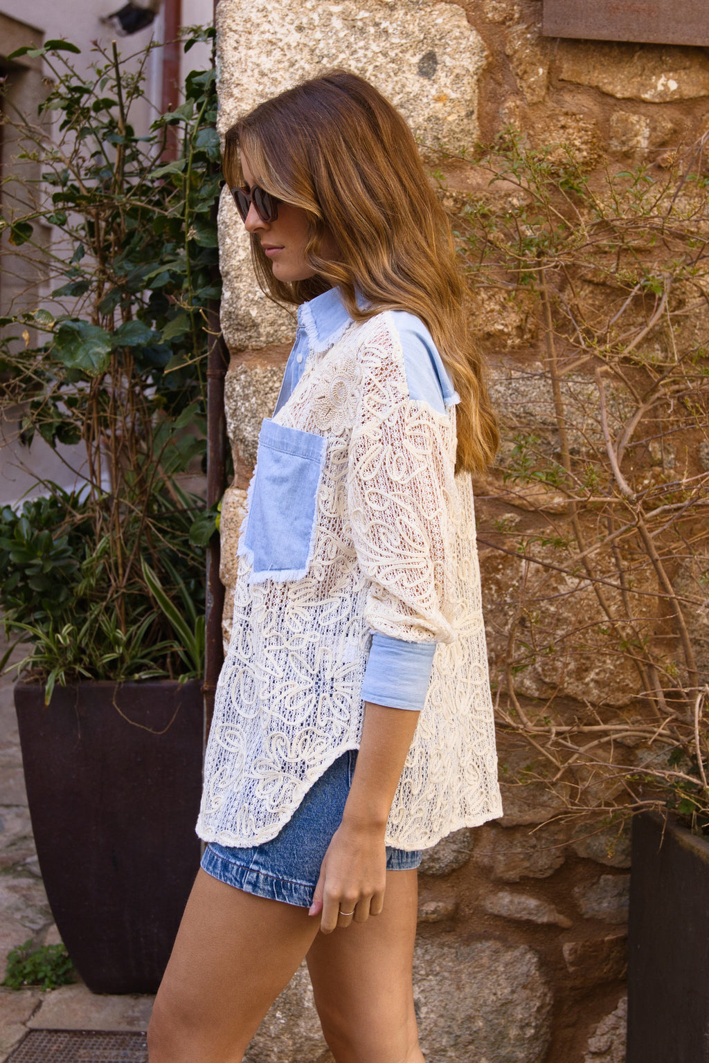 Camisa Bordada Denim Lace