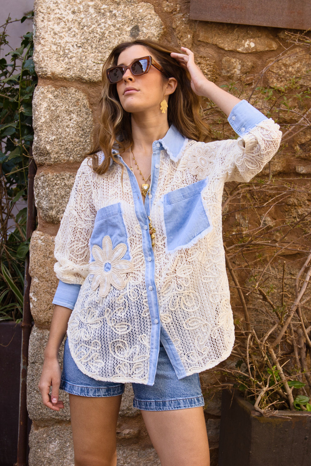 Camisa Bordada Denim Lace