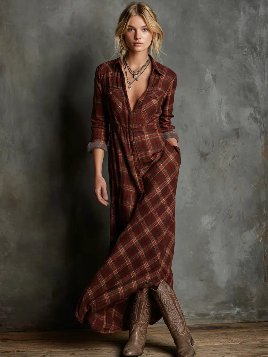 Renata | Vestido maxi camisero de cuadros con solapas