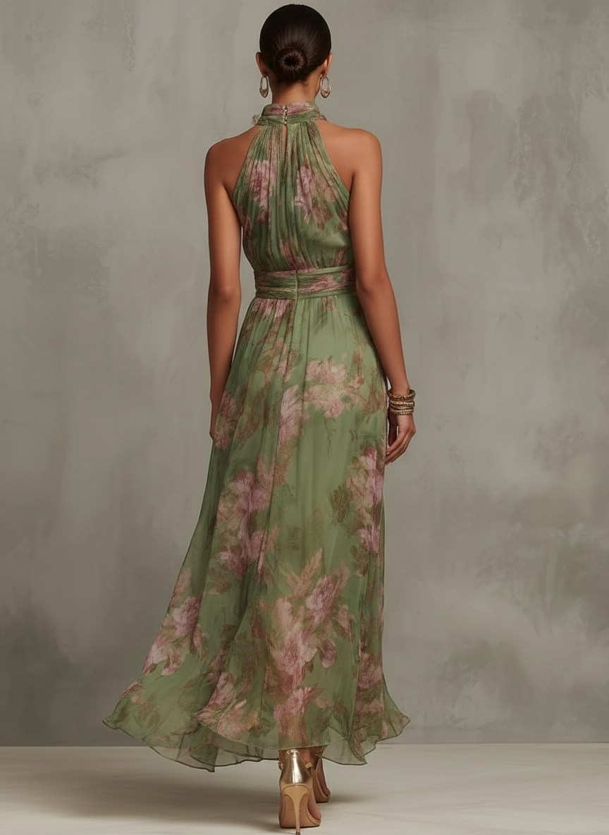 OLIVIA | VESTIDO LARGO CON CUELLO HALTER Y ESTAMPADO FLORAL