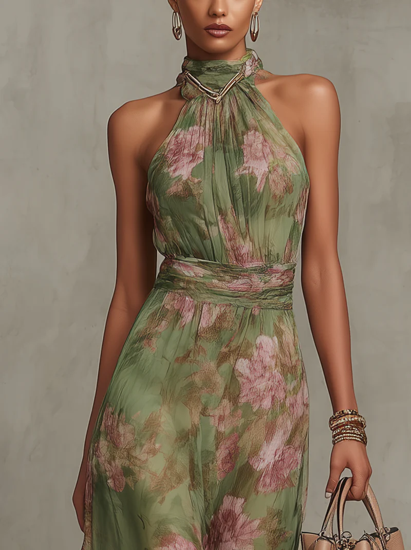 OLIVIA | VESTITO LUNGO CON COLLO HALTER E STAMPA FLOREALE