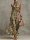OLIVIA | VESTITO LUNGO CON COLLO HALTER E STAMPA FLOREALE