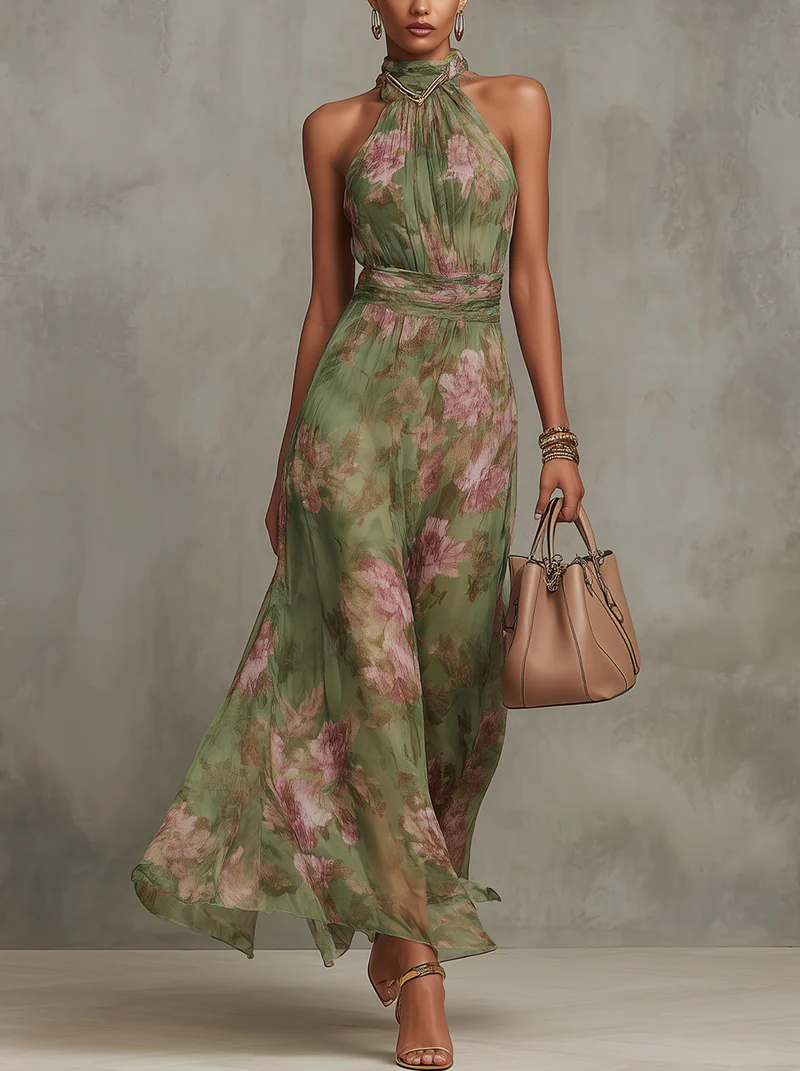 OLIVIA | VESTIDO LARGO CON CUELLO HALTER Y ESTAMPADO FLORAL